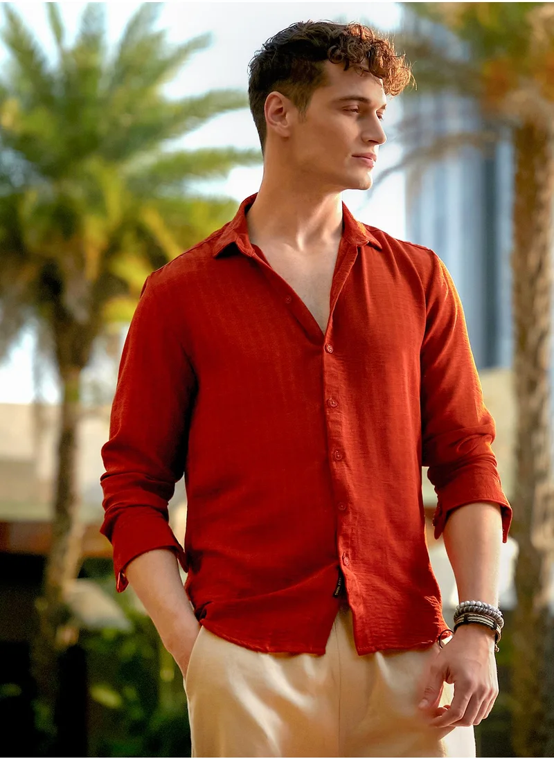 Campus Sutra Men's Burnt Sienna Cubic-Woven Regular Shirt