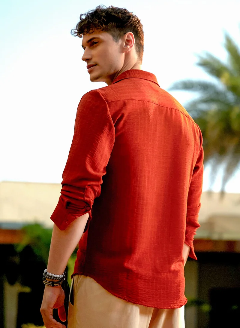 كامبوس سوترا Men's Burnt Sienna Cubic-Woven Regular Shirt