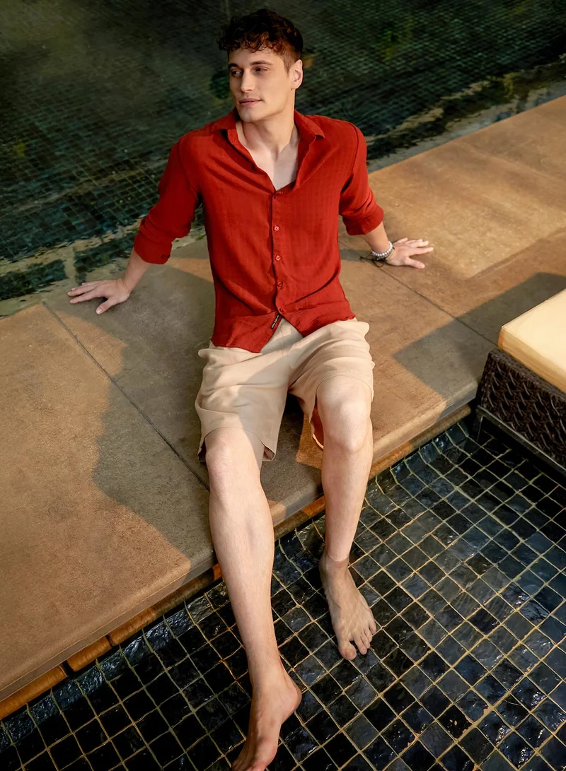 كامبوس سوترا Men's Burnt Sienna Cubic-Woven Regular Shirt