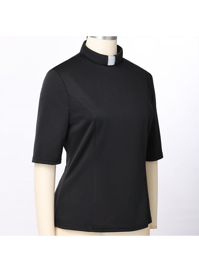 CAMDOM Womens Church Clergy Shirt with Tab Collar Spring/Summer Half Sleeve Slim Blouse Top Black  - Image 4
