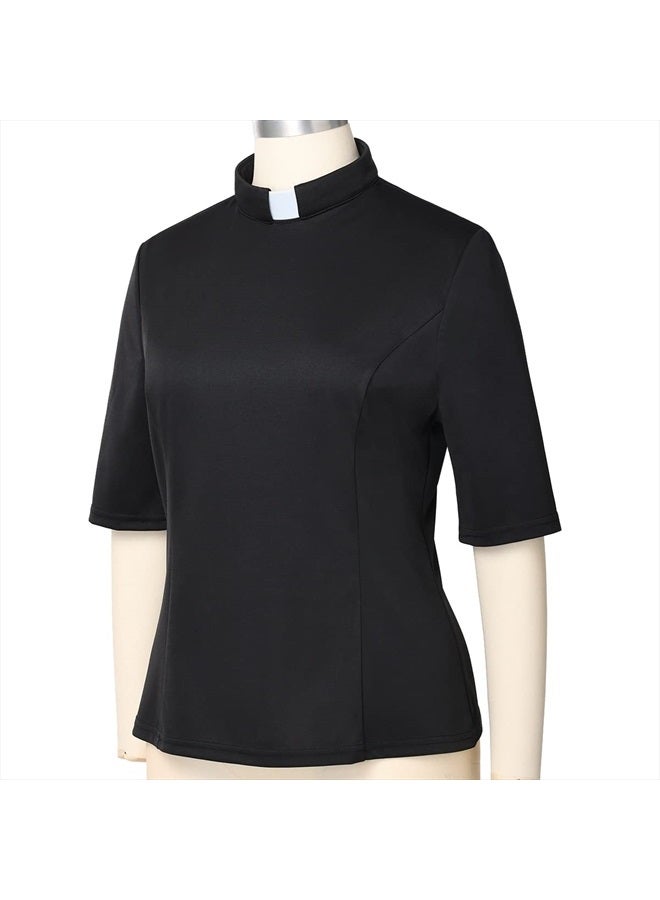 CAMDOM Womens Church Clergy Shirt with Tab Collar Spring/Summer Half Sleeve Slim Blouse Top Black  - Image 2