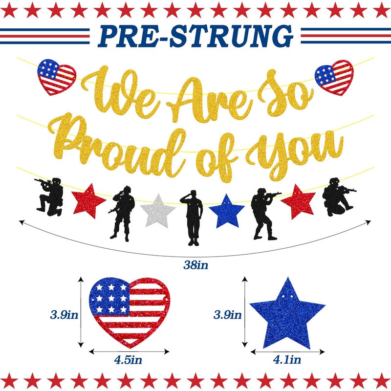 YOYMARR We Are So Proud of You Banner Military Going Away Party Decorations Patriotic Soldier Garland Glitter Gold 4th of July Veterans Day Memorial Day Deployment Returning Back Graduation Party Supplies - Image 2