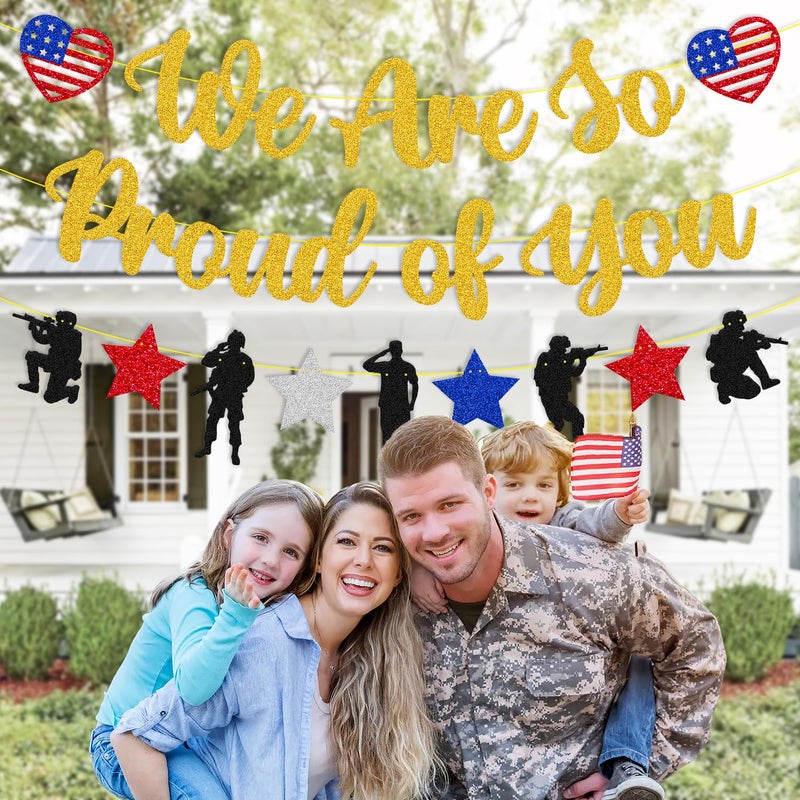 YOYMARR We Are So Proud of You Banner Military Going Away Party Decorations Patriotic Soldier Garland Glitter Gold 4th of July Veterans Day Memorial Day Deployment Returning Back Graduation Party Supplies - Image 5