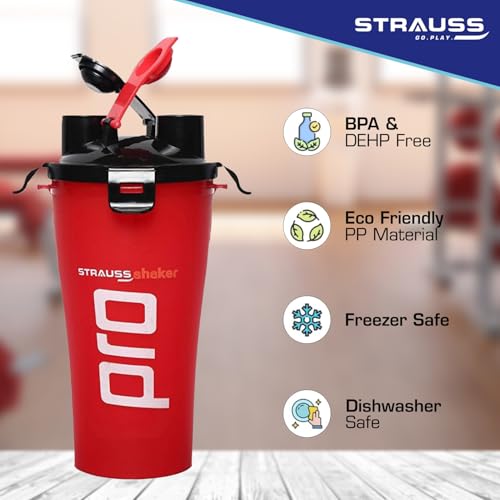 STRAUSS Dual Shaker Pro | Pre & Post Protein Shake On the Go | Leakproof and BPA-Free Material | Dual Shaker Bottle | Protein Shaker Bottle for Gym | Suitable for Both Men and Women, 700ml,(Red) - Image 4
