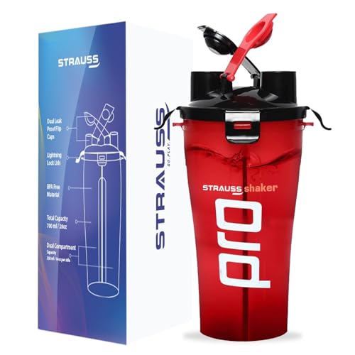 STRAUSS Dual Shaker Pro | Pre & Post Protein Shake On the Go | Leakproof and BPA-Free Material | Dual Shaker Bottle | Protein Shaker Bottle for Gym | Suitable for Both Men and Women, 700ml,(Red) - Image 2