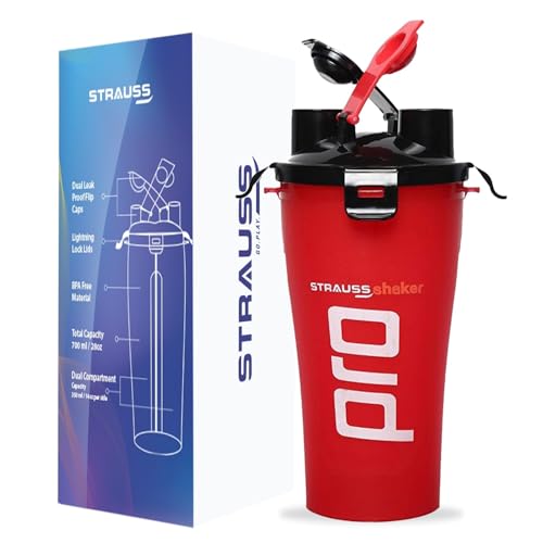 STRAUSS Dual Shaker Pro | Pre & Post Protein Shake On the Go | Leakproof and BPA-Free Material | Dual Shaker Bottle | Protein Shaker Bottle for Gym | Suitable for Both Men and Women, 700ml,(Red) - Image 1