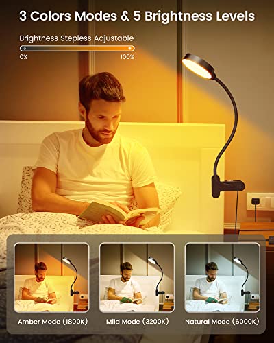 Glocusent 5W Clip on Light, 36LED Eye Caring Reading Light for Bed, 3 Colors & 5 Brightness Clip on Lamp with Adapter, Perfect Reading Light for Bed with Clamp/Bunk Bed/Headboard/Table/Desk - Image 3