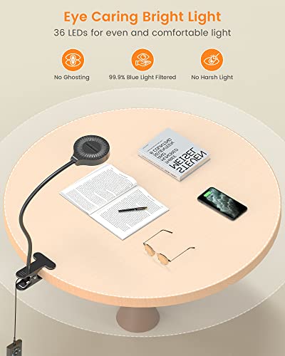 Glocusent 5W Clip on Light, 36LED Eye Caring Reading Light for Bed, 3 Colors & 5 Brightness Clip on Lamp with Adapter, Perfect Reading Light for Bed with Clamp/Bunk Bed/Headboard/Table/Desk - Image 2