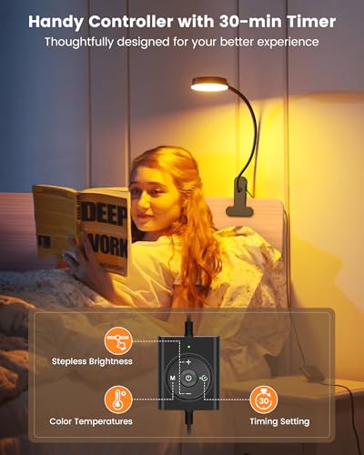 Glocusent 5W Clip on Light, 36LED Eye Caring Reading Light for Bed, 3 Colors & 5 Brightness Clip on Lamp with Adapter, Perfect Reading Light for Bed with Clamp/Bunk Bed/Headboard/Table/Desk - Image 5