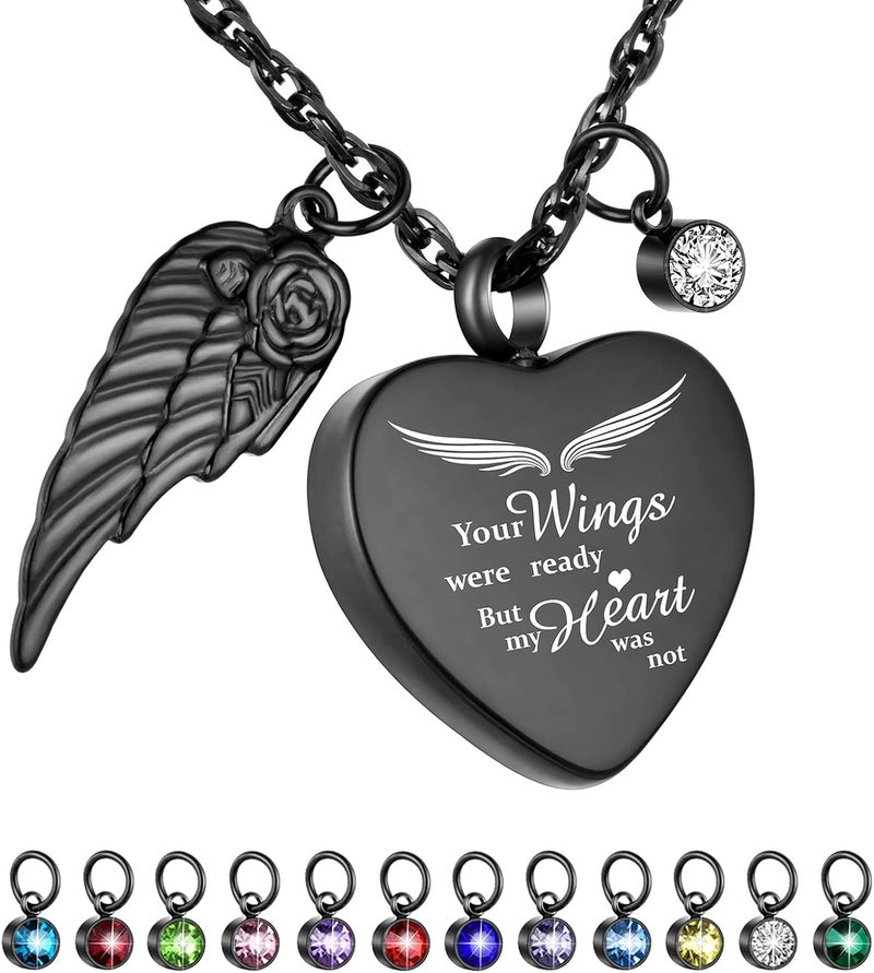 Dletay Heart Urn Necklace for Ashes with 12 Birthstones Cremation Jewelry for Ashes -Your Wings Were Ready My Heart Was Not - Image 1