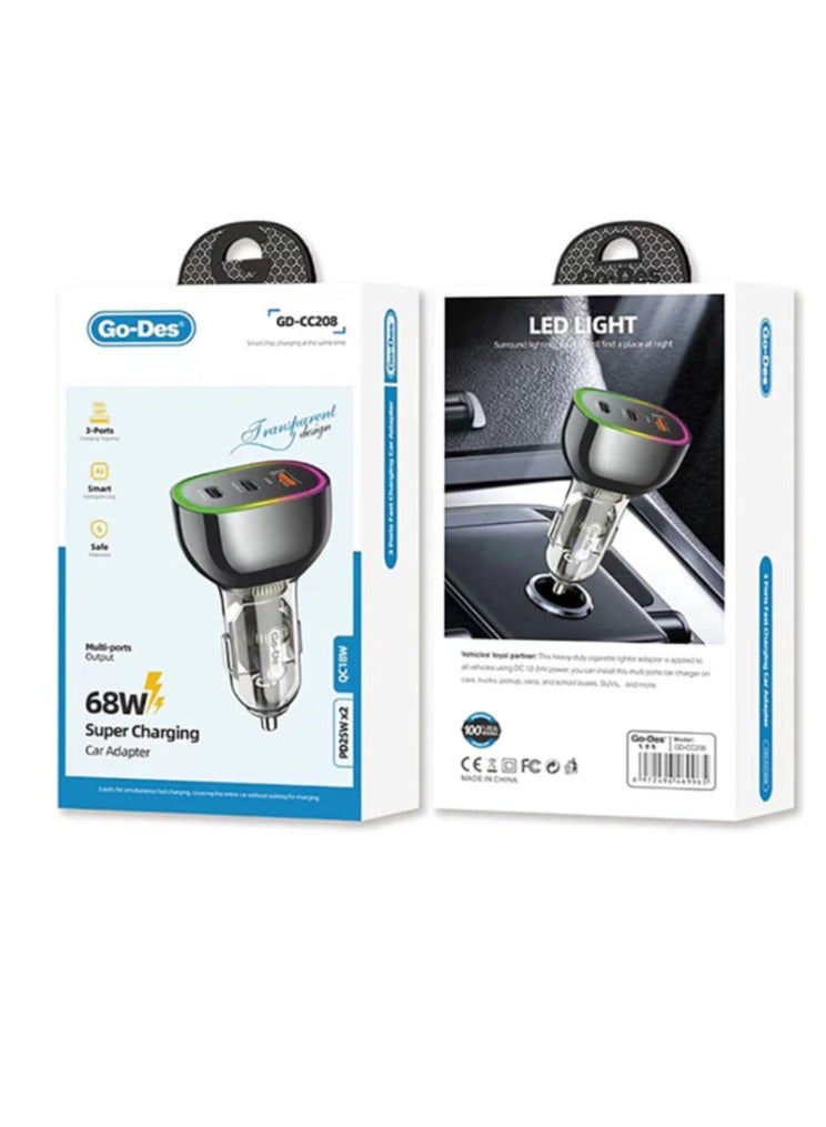 GO-DES Go Des GD-CC208 Fast Charging Dual Type-C + USB-A Port Car Charger 68W - Image 3