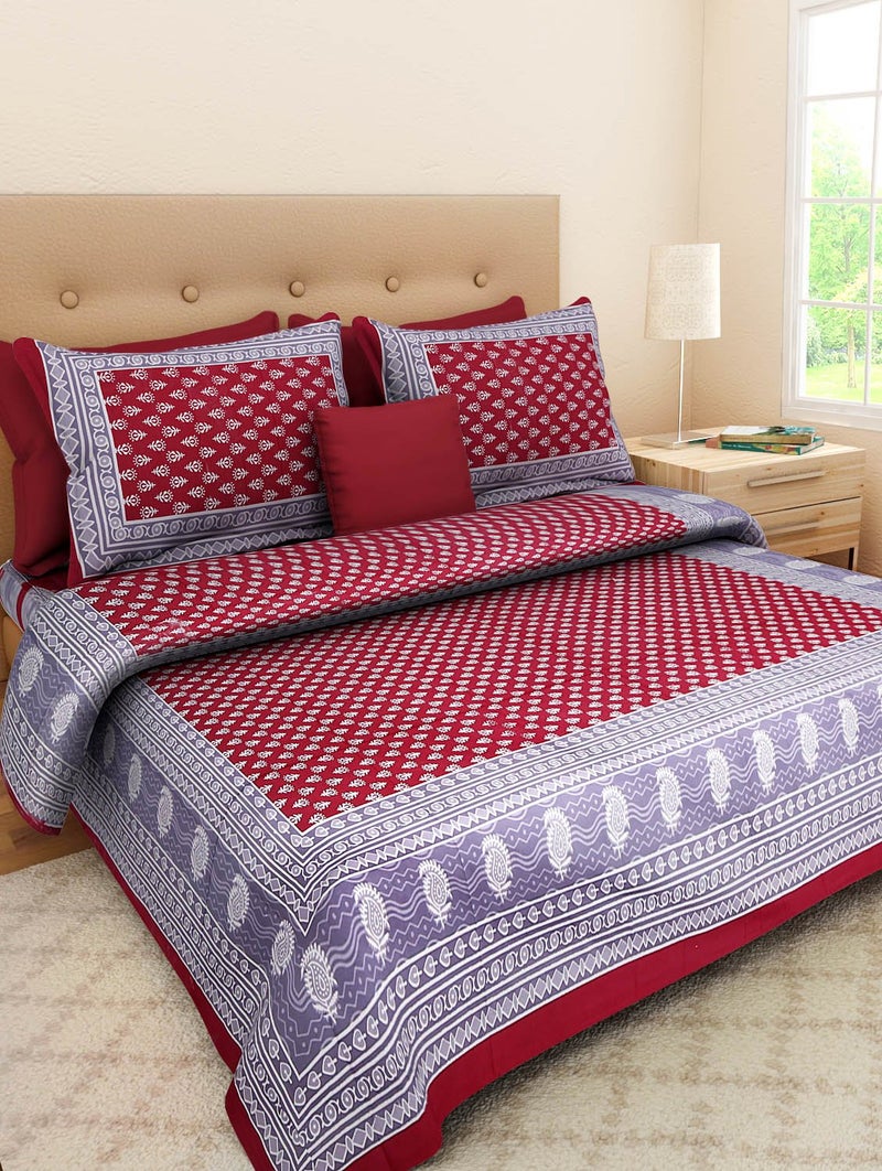 ART WORLD Double Bed Sheet with Pillow Covers Pure Cotton Rajasthani Jaipuri Traditional Classic Printed Bed cover (Maroon, Queen) - Image 1