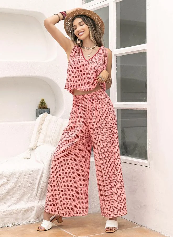 Multi-Patterned Crop Top and Wide-Leg Trousers Co-Ord Set