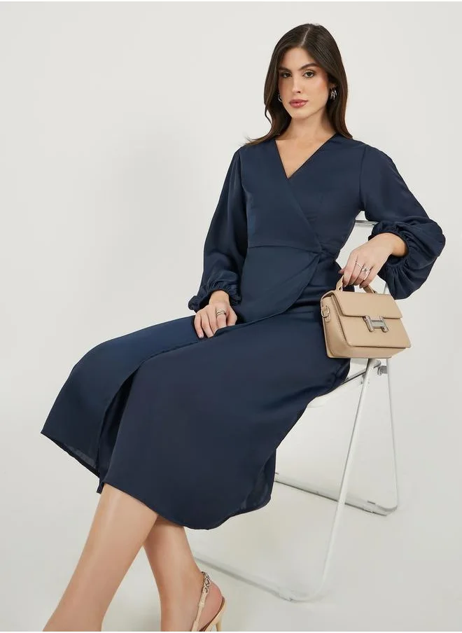 ستايلي Solid Balloon Sleeves Wrap Midi Dress