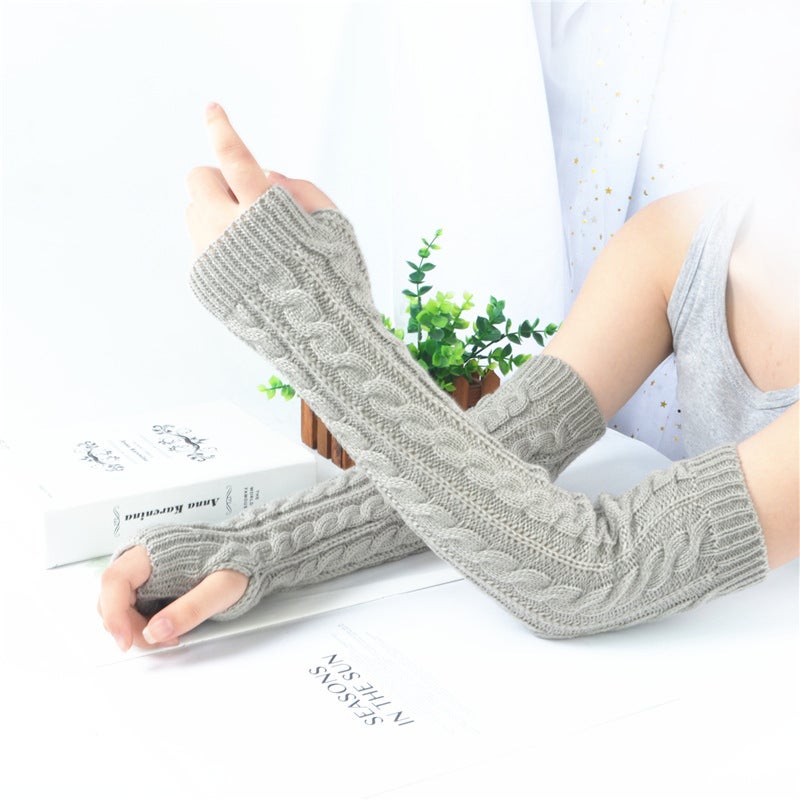 Winter Knit Fingerless Arm Warmers Women Light gray 