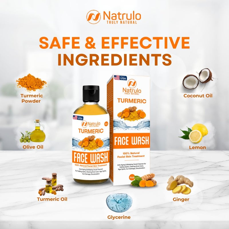 Natrulo غسول وجه ناترولو بالكركم، 4 أونصات صابون سائل للبشرة الصافية – 100% طبيعي مضاد للشيخوخة مقشر كركم لتنظيف الوجه لتخفيف البقع، إزالة ندوب حب الشباب، بقع العمر، أضرار الشمس، تغير اللون - Image 5