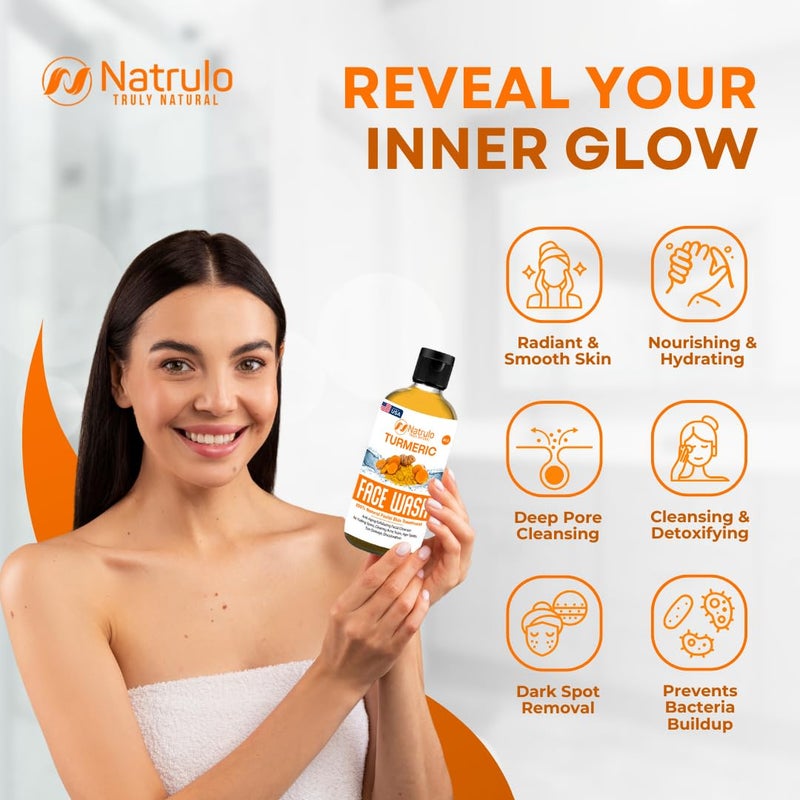 Natrulo غسول وجه ناترولو بالكركم، 4 أونصات صابون سائل للبشرة الصافية – 100% طبيعي مضاد للشيخوخة مقشر كركم لتنظيف الوجه لتخفيف البقع، إزالة ندوب حب الشباب، بقع العمر، أضرار الشمس، تغير اللون - Image 4