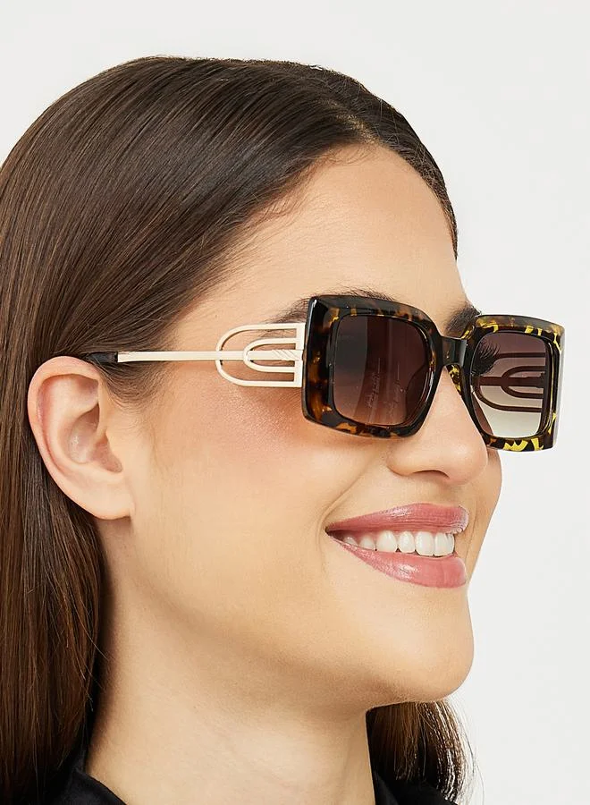 Styli Tortoise Full Rim Rectangle Sunglasses with Temple Detail