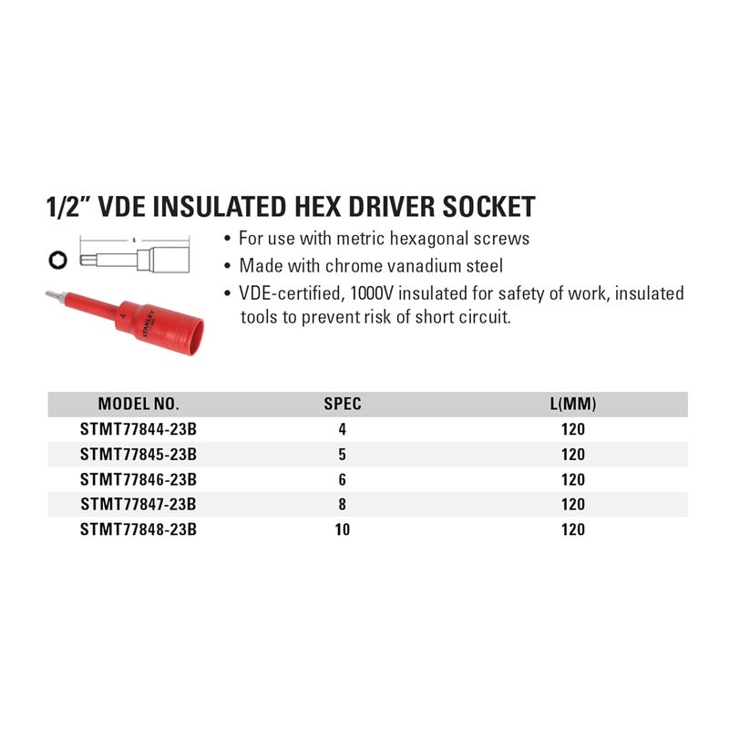 STANLEY STMT7784523B 12 VDE Insulated Hex Driver Socket 5x120mm Ideal For Repair Of Electric Vehicles Red - Image 3