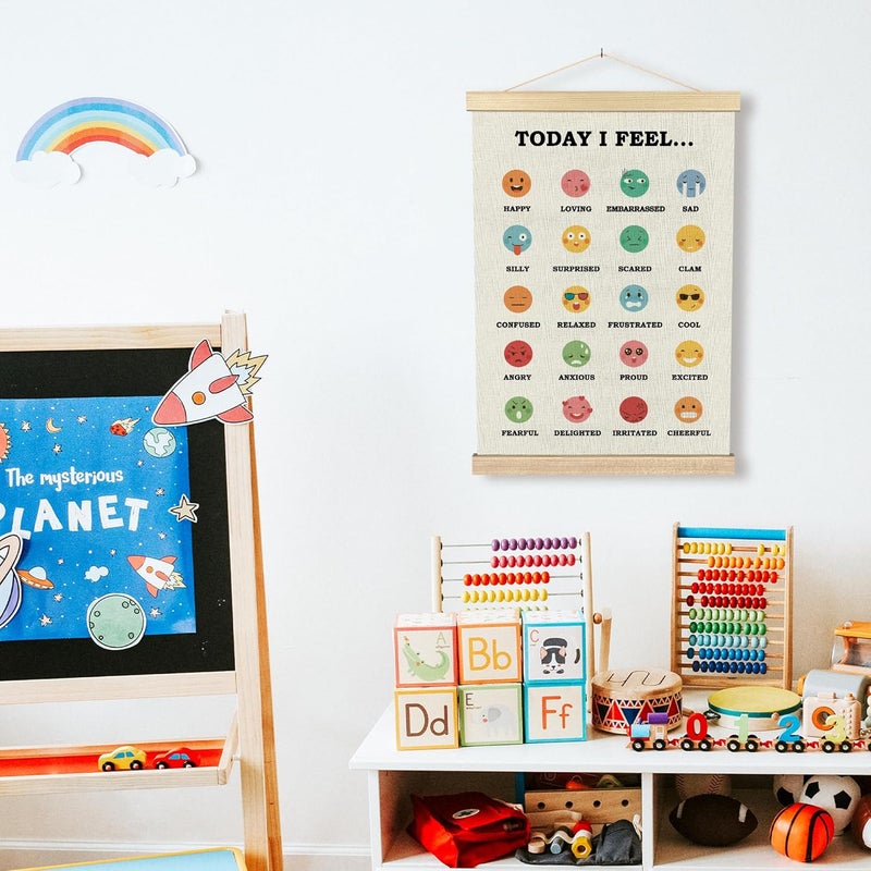BCUANGD ديكور جدار الصحة النفسية BCUANGD - مخطط المشاعر للأطفال مع إطار خشبي ملهم لتزيين الجدران في غرفة الأطفال وزاوية الهدوء 12x16 بوصة - Image 2