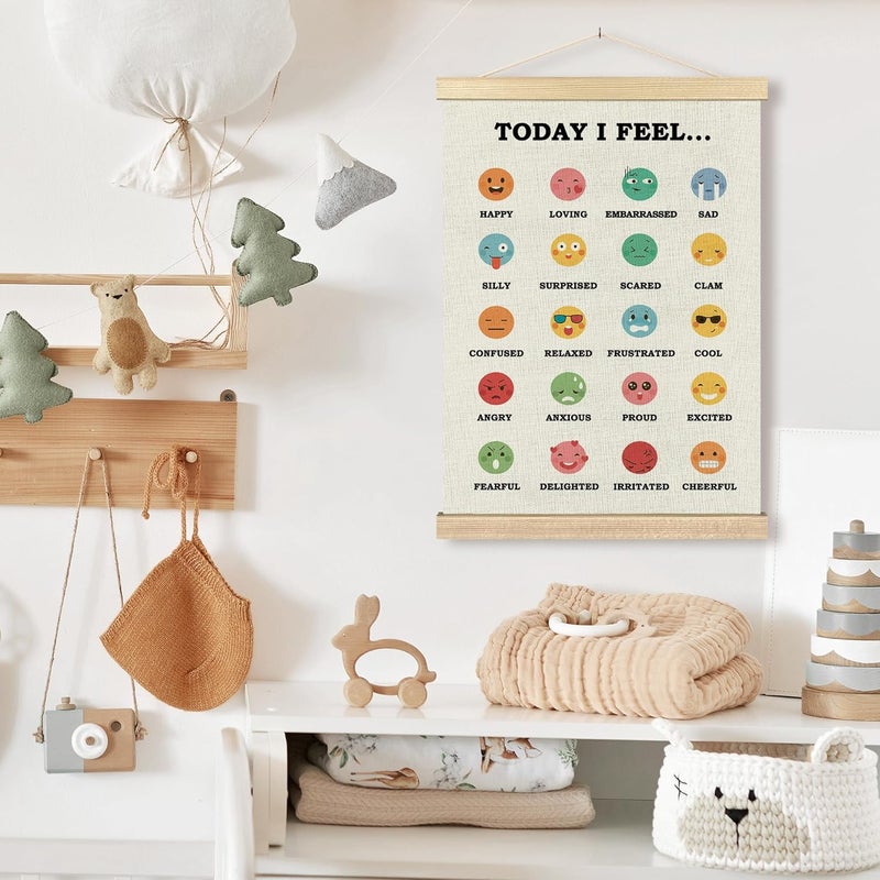 BCUANGD ديكور جدار الصحة النفسية BCUANGD - مخطط المشاعر للأطفال مع إطار خشبي ملهم لتزيين الجدران في غرفة الأطفال وزاوية الهدوء 12x16 بوصة - Image 5