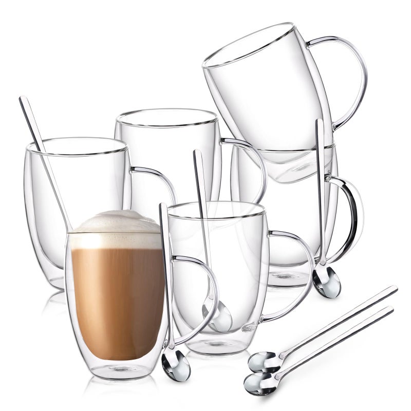 FULGNU Double Wall Glass Coffee Mugs 12 Oz Clear Coffee Mugs with Handle Insulated Glass Coffee Mugs Set of 6 Perfect for Espresso Cappuccino Latte Americano Tea Bag Beverage
