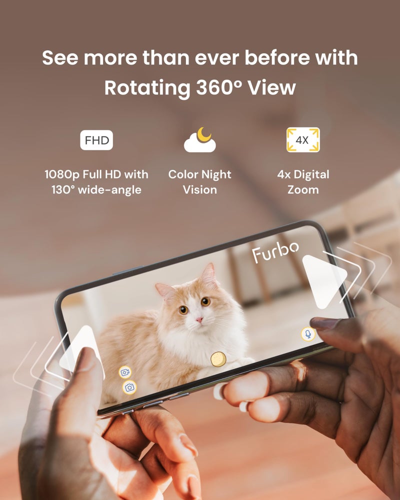Furbo كاميرا القطط Furbo 360°: كاميرا أمان للحيوانات الأليفة مع تنبيهات مواء، عرض دوار، رمي مكافآت عبر تطبيق الهاتف، مراقبة ذكية للقطط في المنزل، مكبر صوت ثنائي الاتجاه، لا حاجة للاشتراك. ميزات قياسية للرؤية، التحدث، والرمي. - Image 2