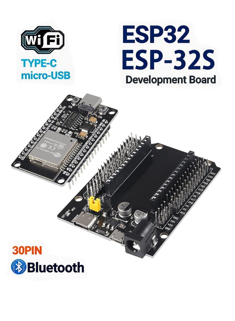 مجموعة لوحات تطوير من ESP32 ESP‑32S NodeMCU – لوحة توصيل (Breakout Board) مع WiFi وبلوتوث، 30 دبوس، واجهة مزدوجة من نوع Type‑C و Micro USB، ثنائي النواة، لوحة توسيع لأردوينو (Arduino). - Image 1