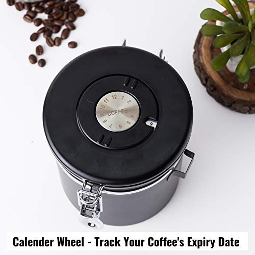 InstaCuppa Stainless Steel Coffee Canister, Airtight Container with Date Tracker Jar, CO2 Release Valve and Coffee Scoop, 500 Grams, Black - Image 3