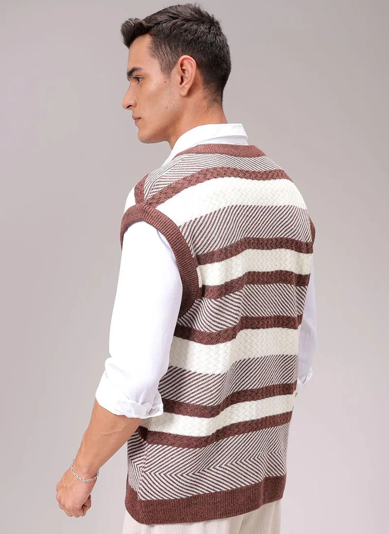 The Indian Garage Co Men Oversized Horizontal Stripes V-Neck Sweater