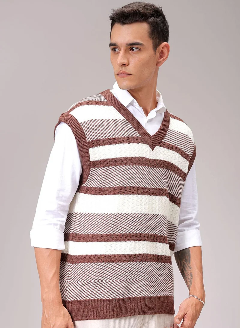 The Indian Garage Co Men Oversized Horizontal Stripes V-Neck Sweater