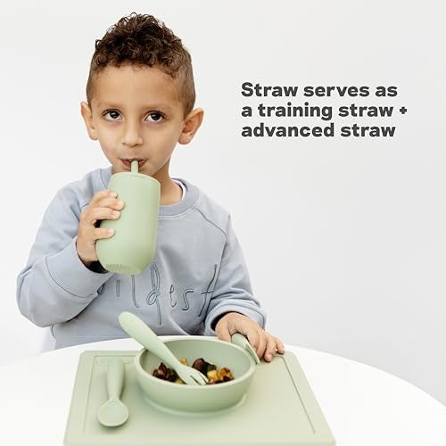 ezpz Happy Cup + Straw Training System - 100% Silicone Training Cup for Toddlers + Preschoolers + Kids - Designed by a Pediatric Feeding Specialist - Non-Slip, Tactile Bumps - 237ml - 24 Months+(Grey) - Image 5