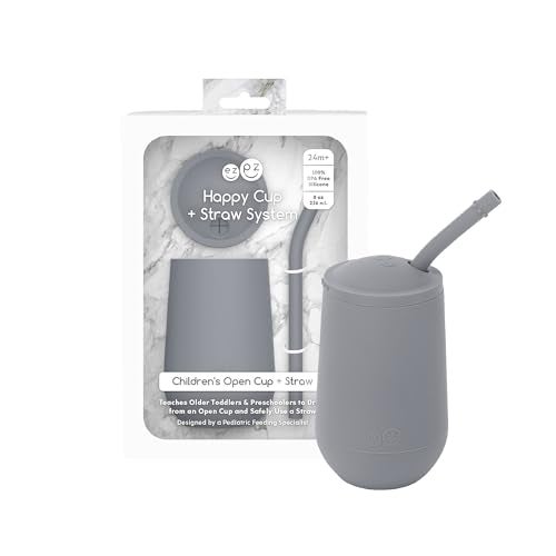 ezpz Happy Cup + Straw Training System - 100% Silicone Training Cup for Toddlers + Preschoolers + Kids - Designed by a Pediatric Feeding Specialist - Non-Slip, Tactile Bumps - 237ml - 24 Months+(Grey) - Image 1