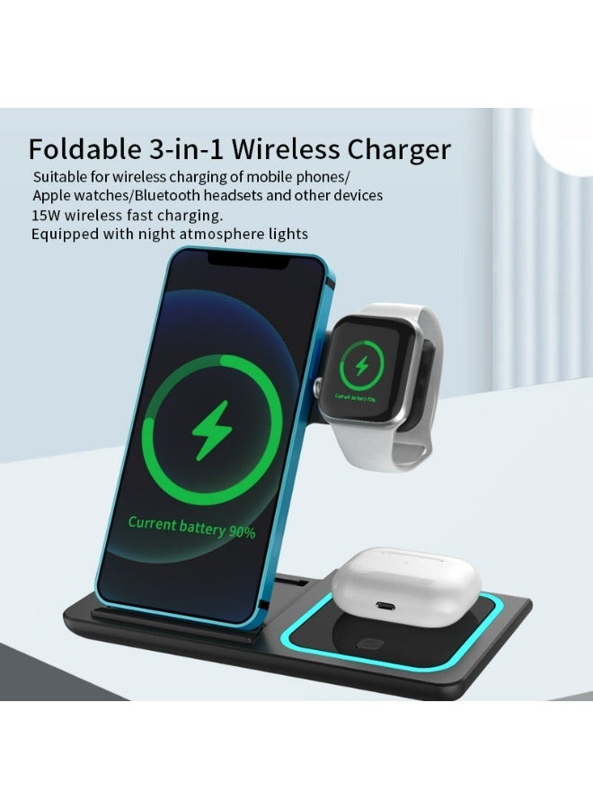 TaimAs 3-in-1 Foldable Wireless Charging Stand – Fast Charging Dock for iPhone, Apple Watch & AirPods (Black) - Image 3