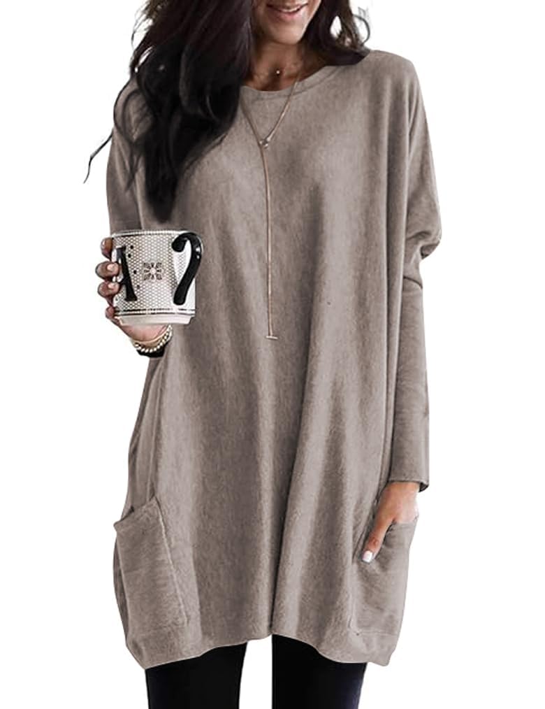 Poetsky Womens Tops Oversized T Shirts V Neck Tees Fashion Long Sleeve Cozy Comfy Tunic 2026 Y2K Casual Khaki - Image 1