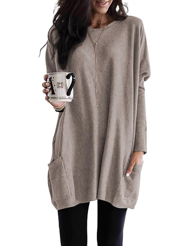 Poetsky Womens Tops Oversized T Shirts V Neck Tees Fashion Long Sleeve Cozy Comfy Tunic 2026 Y2K Casual Khaki - Image 2