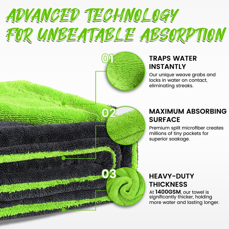 PUGPIU Car Drying Towel - 1400GSM Extra Large Super Absorbent Microfiber Towels for Cars 24"x36" - Large Edgeless with Twisted Loop, Lint-Free & Streak-Free for Auto Detailing, SUV, Truck (Green) - Image 5