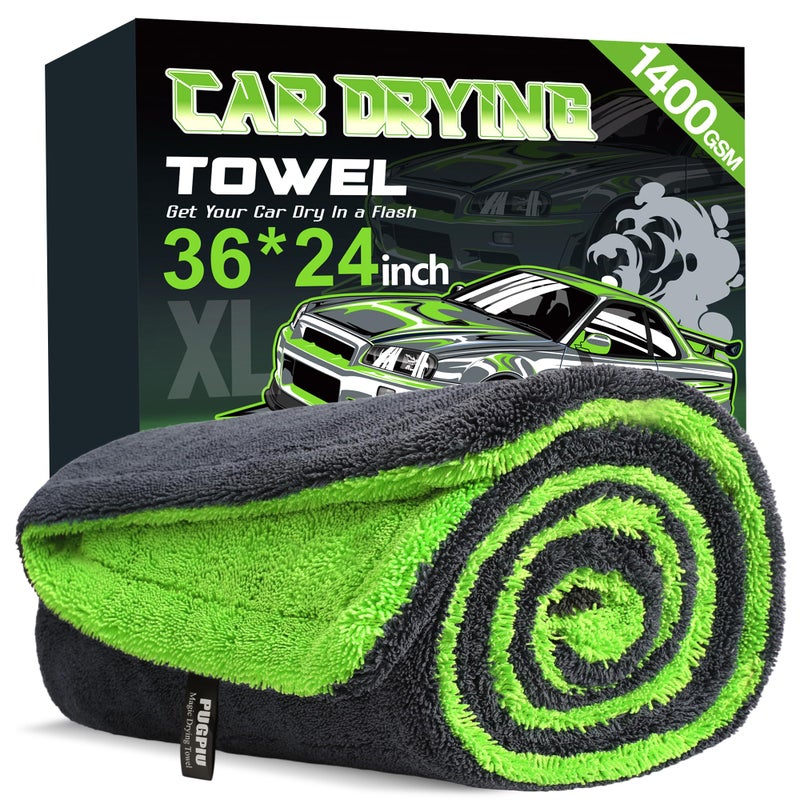 PUGPIU Car Drying Towel - 1400GSM Extra Large Super Absorbent Microfiber Towels for Cars 24"x36" - Large Edgeless with Twisted Loop, Lint-Free & Streak-Free for Auto Detailing, SUV, Truck (Green) - Image 1