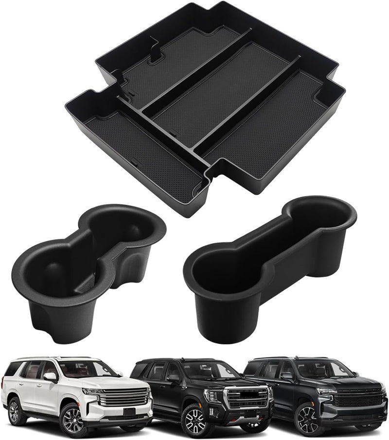 Muslogy منظم لوحة القيادة الأوسط وحامل أكواب من ، متوافق مع سيارات GMC Yukon وChevy Tahoe Suburban من طراز 2021-2024، يشمل حاملين للمشروبات في المقدمة والخلف بالإضافة إلى صندوق تخزين للذراعين، متوفر بك��ية 2 قطعة. - Image 1
