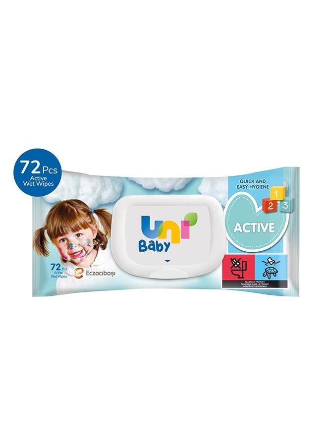 Uni baby Active Wet Wipes - 72 pcs - Fragrance Free - Alcohol & Paraben Free for Sensitive Skin for 24+ Months  - Image 1