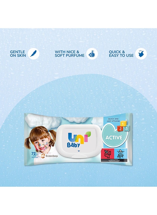Uni baby Active Wet Wipes - 72 pcs - Fragrance Free - Alcohol & Paraben Free for Sensitive Skin for 24+ Months  - Image 3