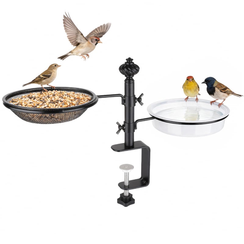 BOLITE Deck Bird Feeders with Metal Tray and Water Bowl, BOLITE Balcony Bird Feeders Detachable Adjustable Heavy Duty Clamp Bracket, Attracting Birds, Black, Gifts for Women Men - Image 1