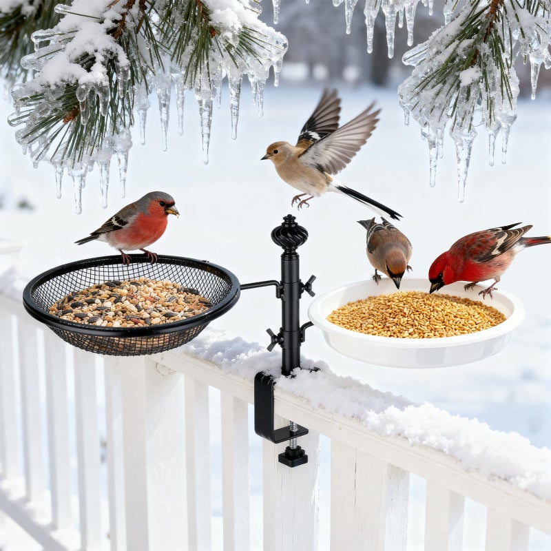BOLITE Deck Bird Feeders with Metal Tray and Water Bowl, BOLITE Balcony Bird Feeders Detachable Adjustable Heavy Duty Clamp Bracket, Attracting Birds, Black, Gifts for Women Men - Image 2
