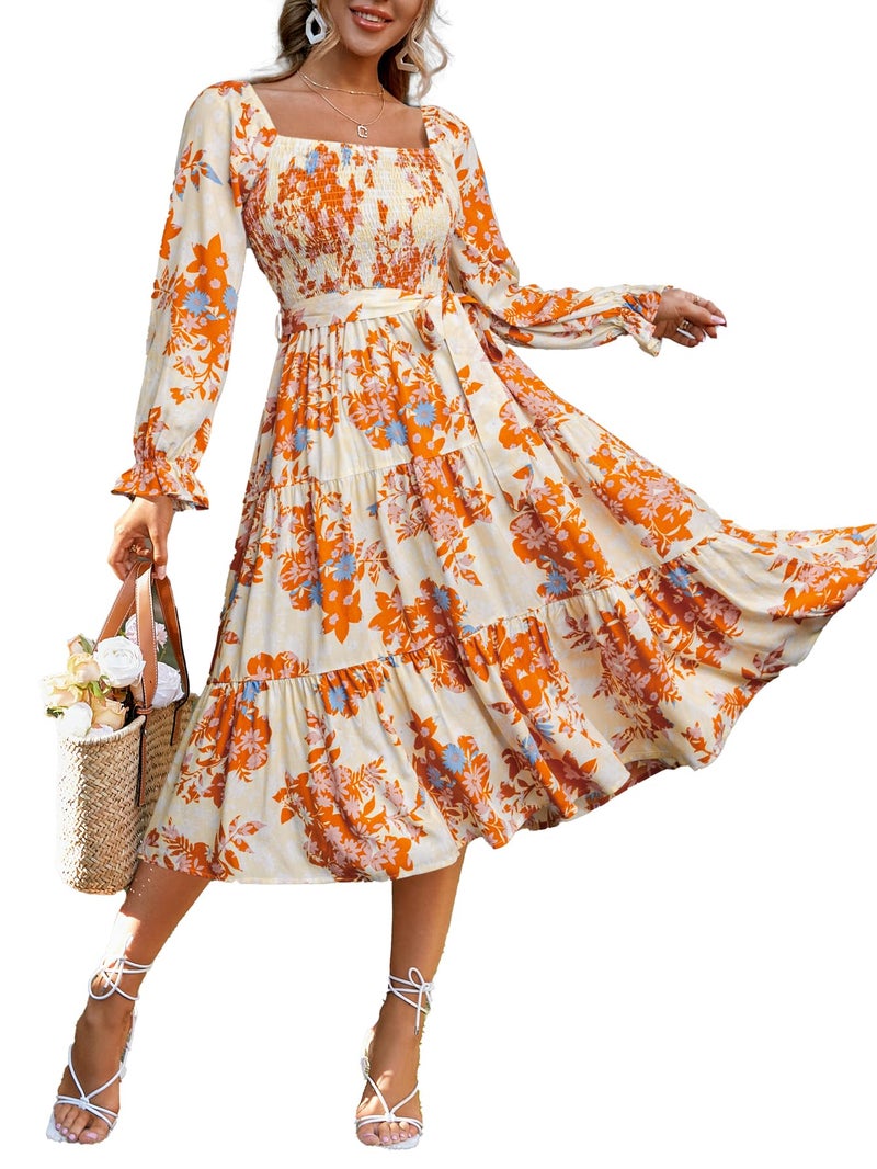 Simplee Womens Long Sleeve Maxi Dress Casual Spring Square Neck Flowy Long Boho Floral Dresses Orange Floral M