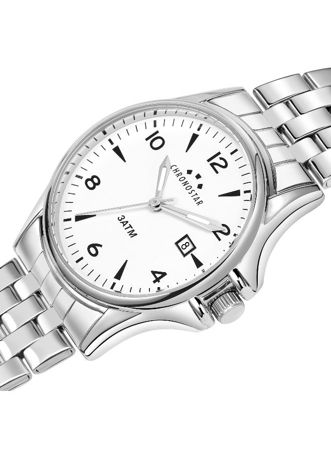 Chronostar Men's White Round Analog Dial with Silver Stainless Steel Band Watch - 43mm - R3753121002 - Image 2