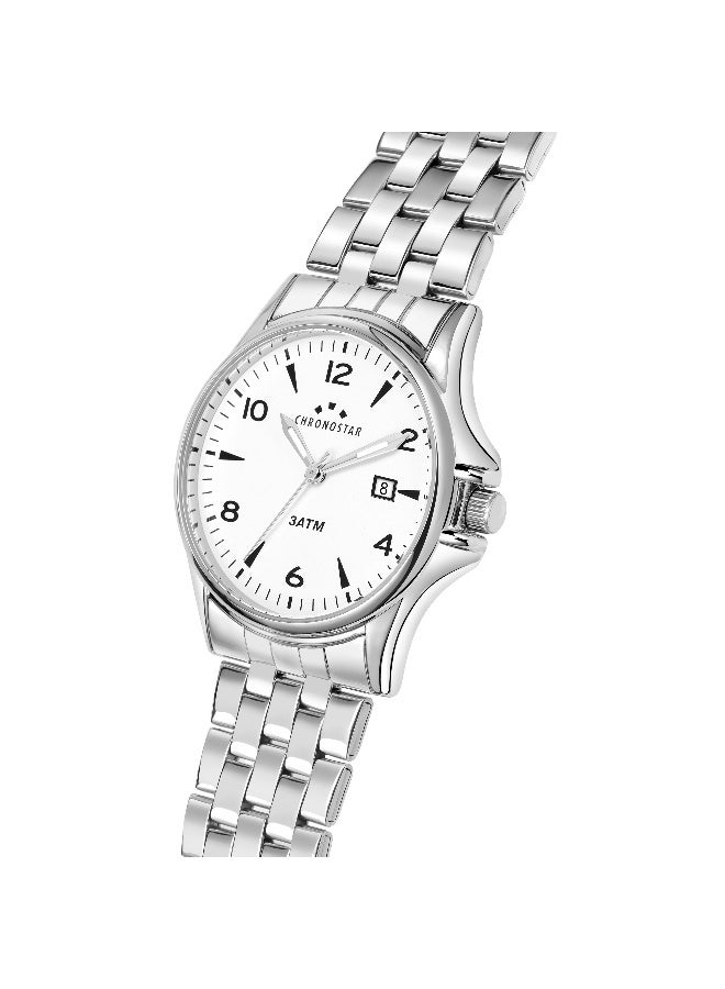 Chronostar Men's White Round Analog Dial with Silver Stainless Steel Band Watch - 43mm - R3753121002 - Image 3