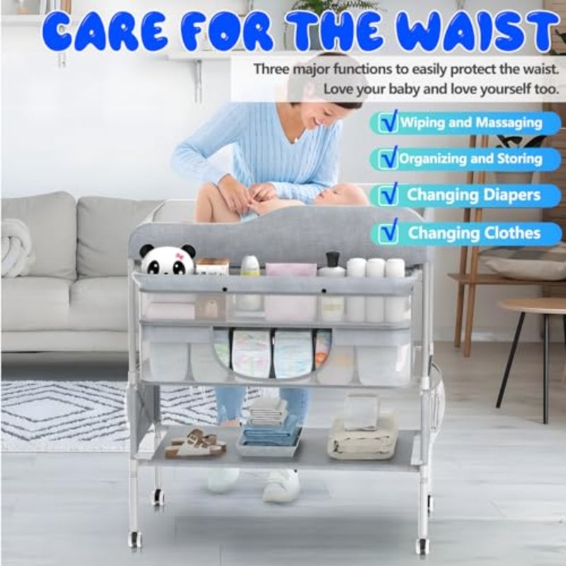 Portable Baby Changing Table, Foldable Changing Table Dresser Baby Changing Station with Storage Basket, 3 Position Height Adjustable, Waterproof Pad and Foldable Diaper Changing Station grey - Image 4