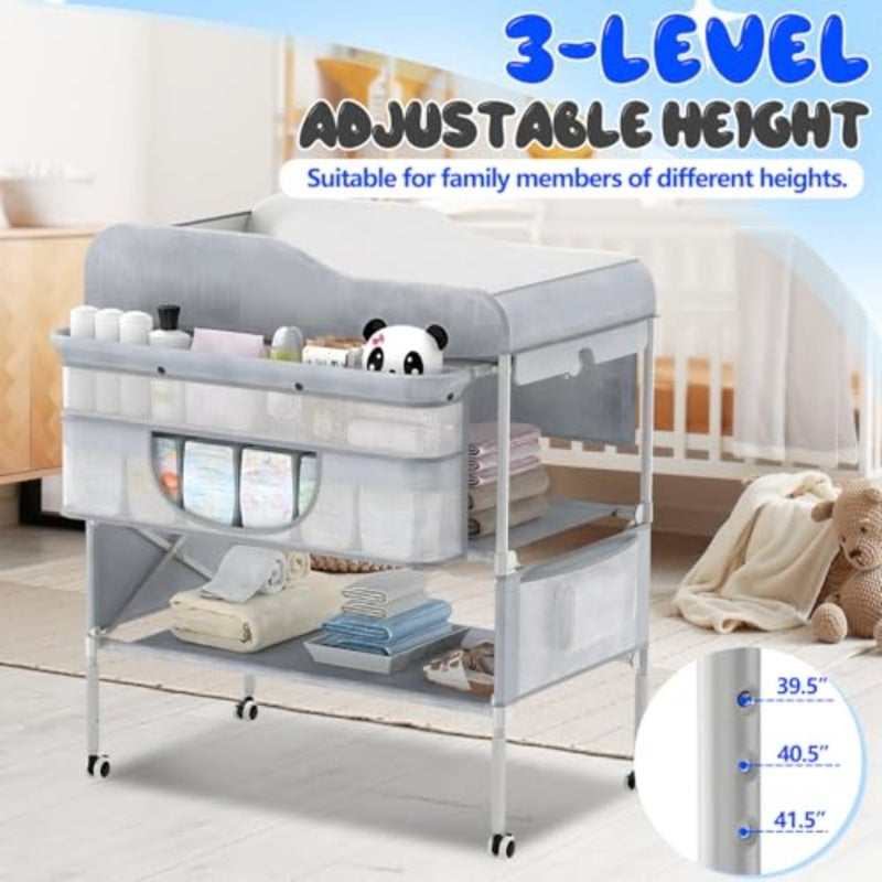 Portable Baby Changing Table, Foldable Changing Table Dresser Baby Changing Station with Storage Basket, 3 Position Height Adjustable, Waterproof Pad and Foldable Diaper Changing Station grey - Image 3