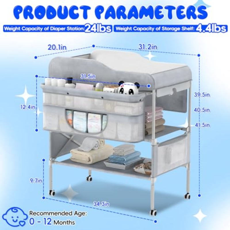 Portable Baby Changing Table, Foldable Changing Table Dresser Baby Changing Station with Storage Basket, 3 Position Height Adjustable, Waterproof Pad and Foldable Diaper Changing Station grey - Image 2