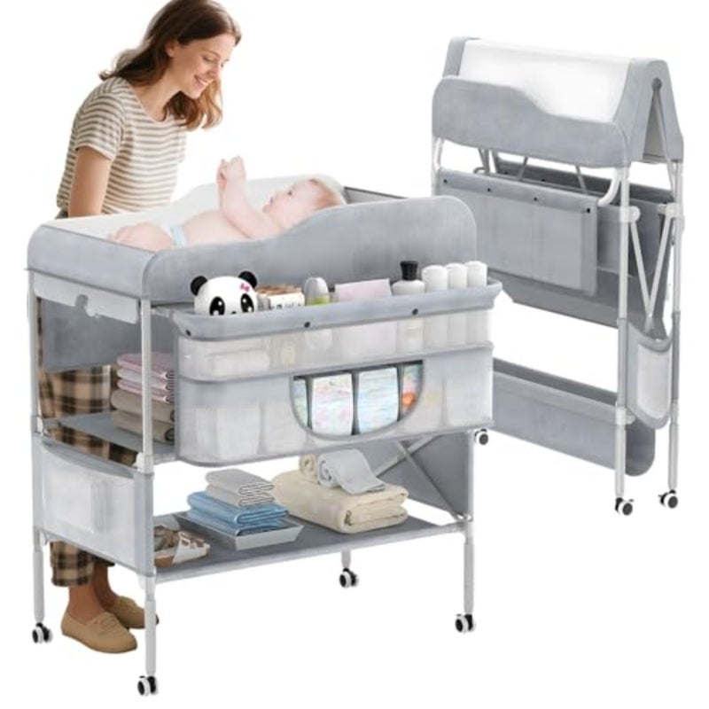 Portable Baby Changing Table, Foldable Changing Table Dresser Baby Changing Station with Storage Basket, 3 Position Height Adjustable, Waterproof Pad and Foldable Diaper Changing Station grey - Image 1